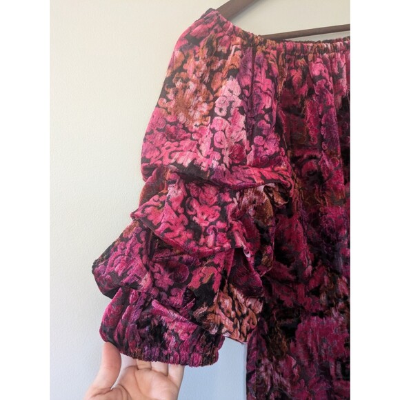 Coco Bianco Burnout Velvet Top Off Shoulder Gathered Sleeve Peasant Boho Medium - Picture 2 of 10